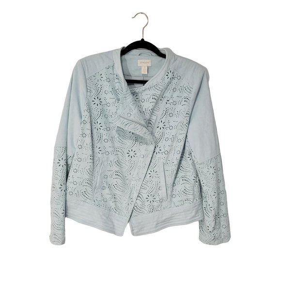Chico's Women's Biker Jacket Color Light Blue Laser cut details Sz 1 - Picture 2 of 8